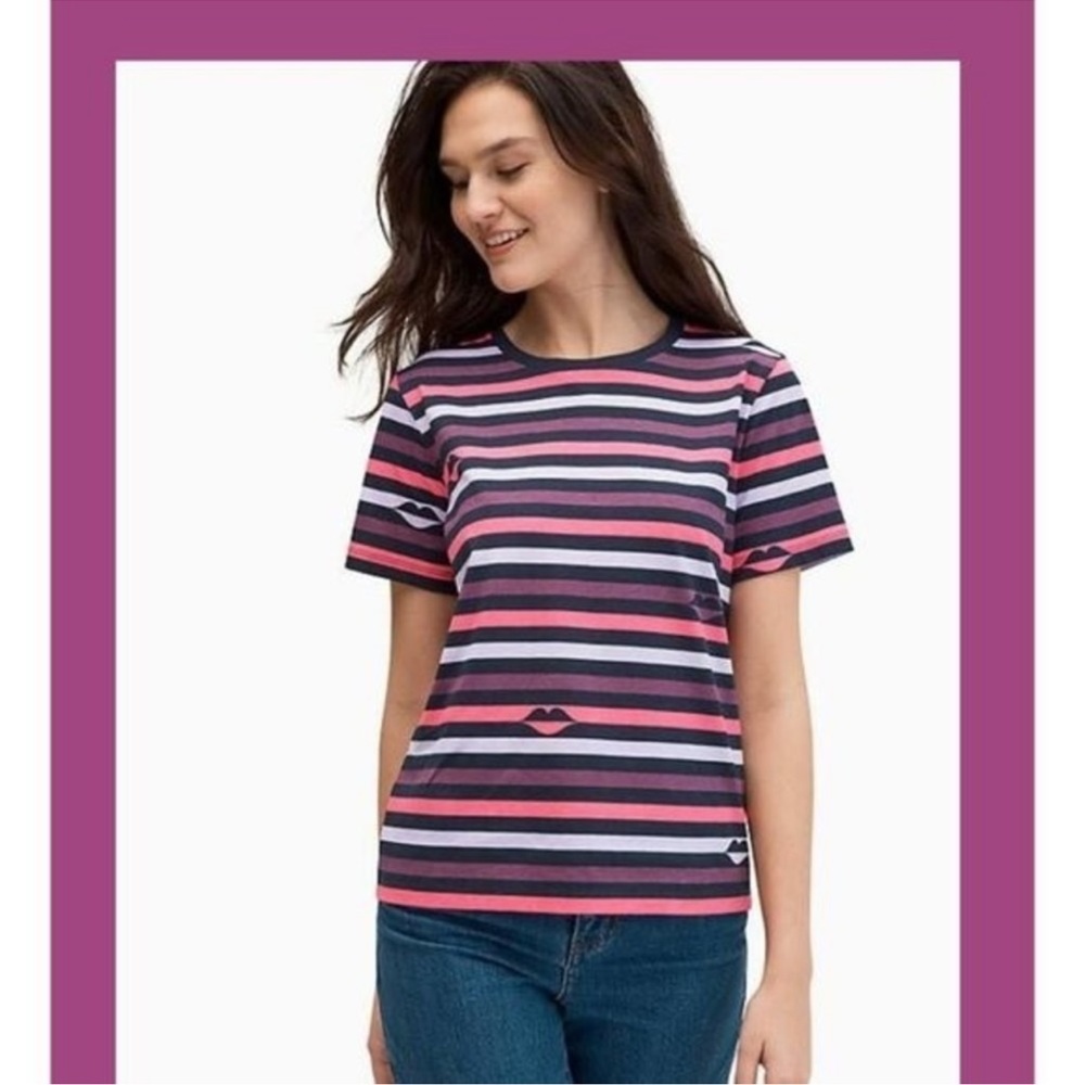 Kate Spade New York Lips Pink & Purple Striped Tee Shirt Size Small